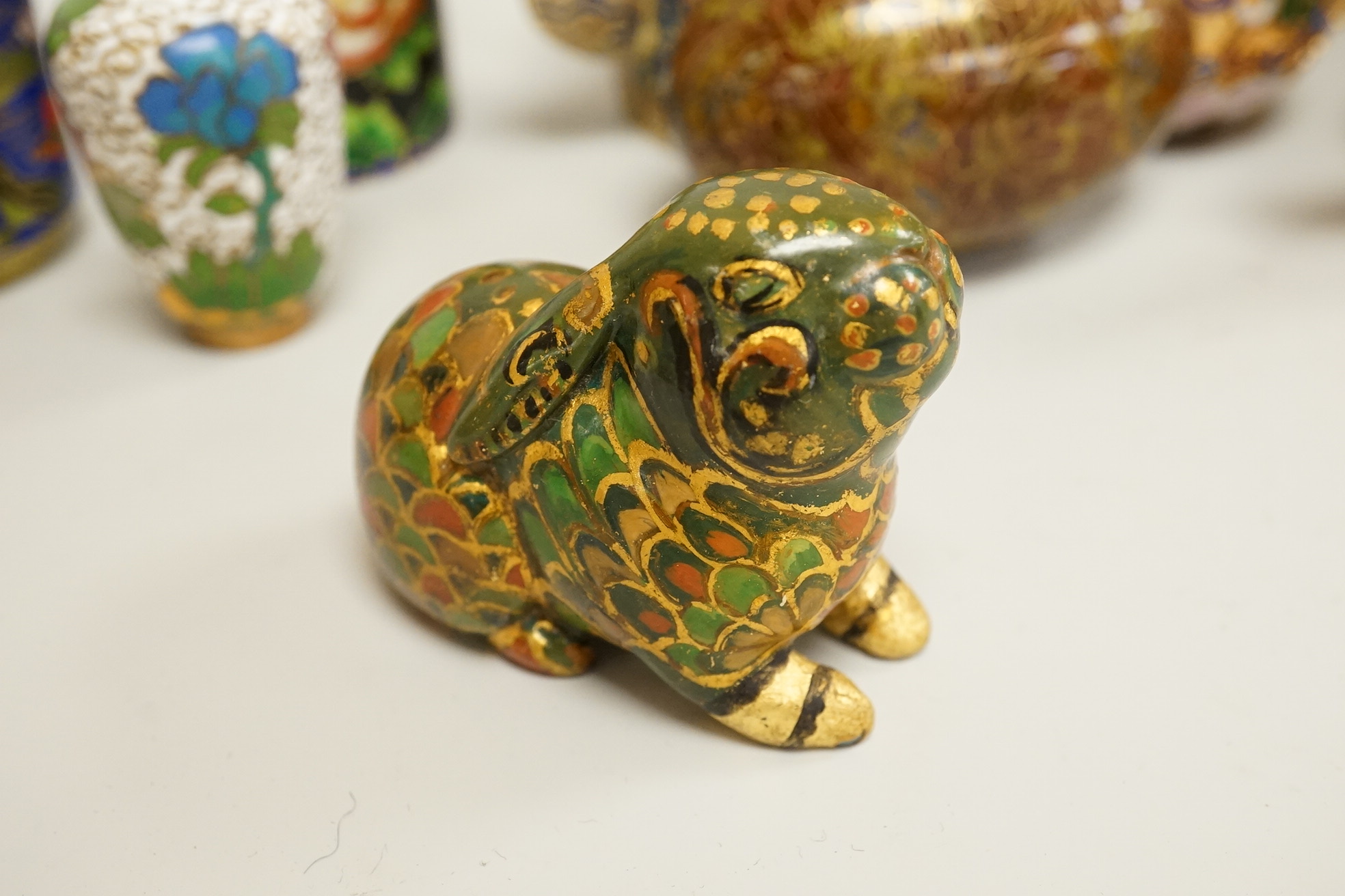A collection of miniature enamel and cloisonné boxes, eggs and a painted rabbit, etc. (11)